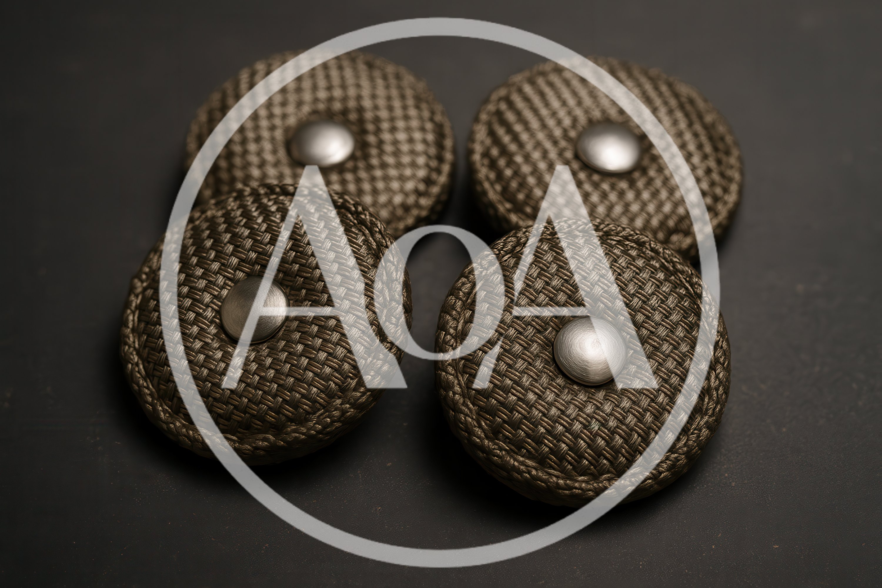 Four Round Fabric Covered Buttons With Metal Centers