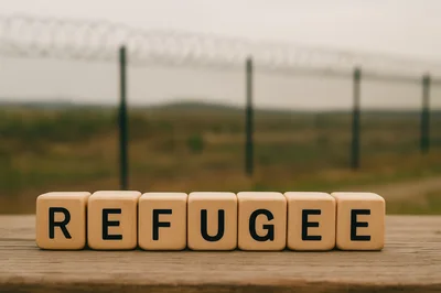 Wooden Blocks Spelling Refugee In Front Of Border Fence