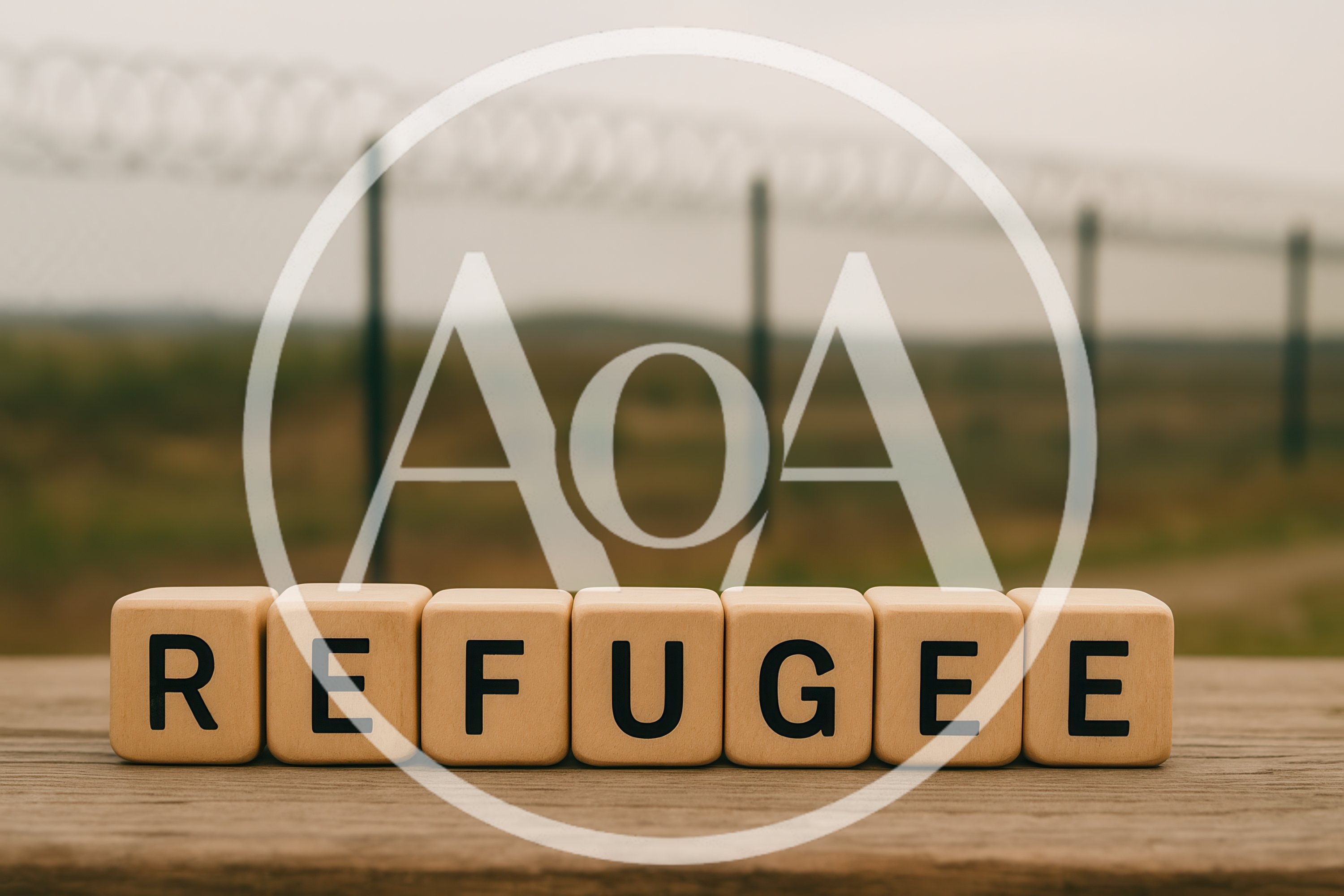 Wooden Blocks Spelling Refugee In Front Of Border Fence
