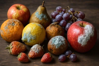 Assortment of Decaying Fruits on Wooden Table
