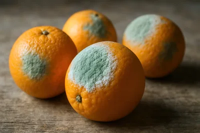 Four Moldy Oranges On A Wooden Surface