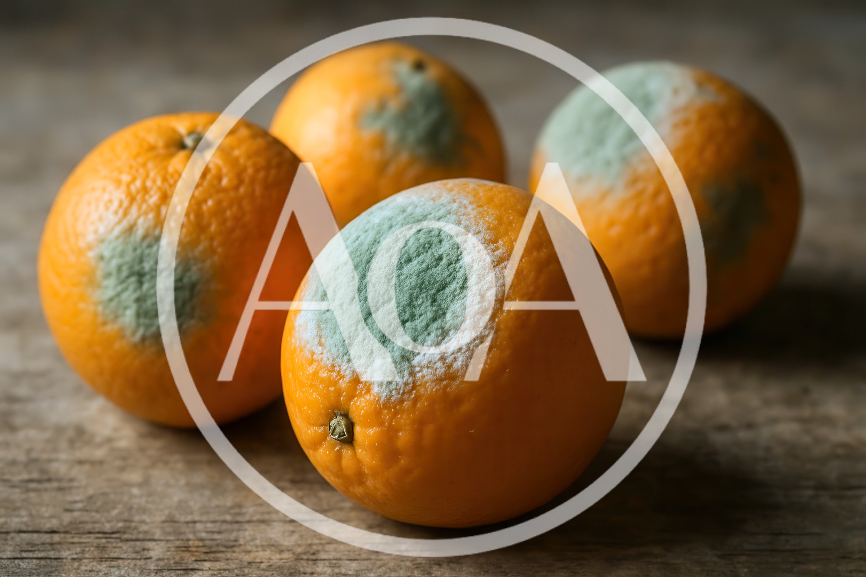 Four Moldy Oranges On A Wooden Surface