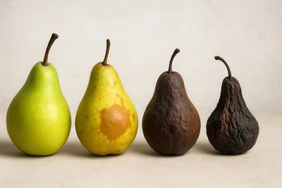 Four Pears Showing Stages Of Ripening And Decay