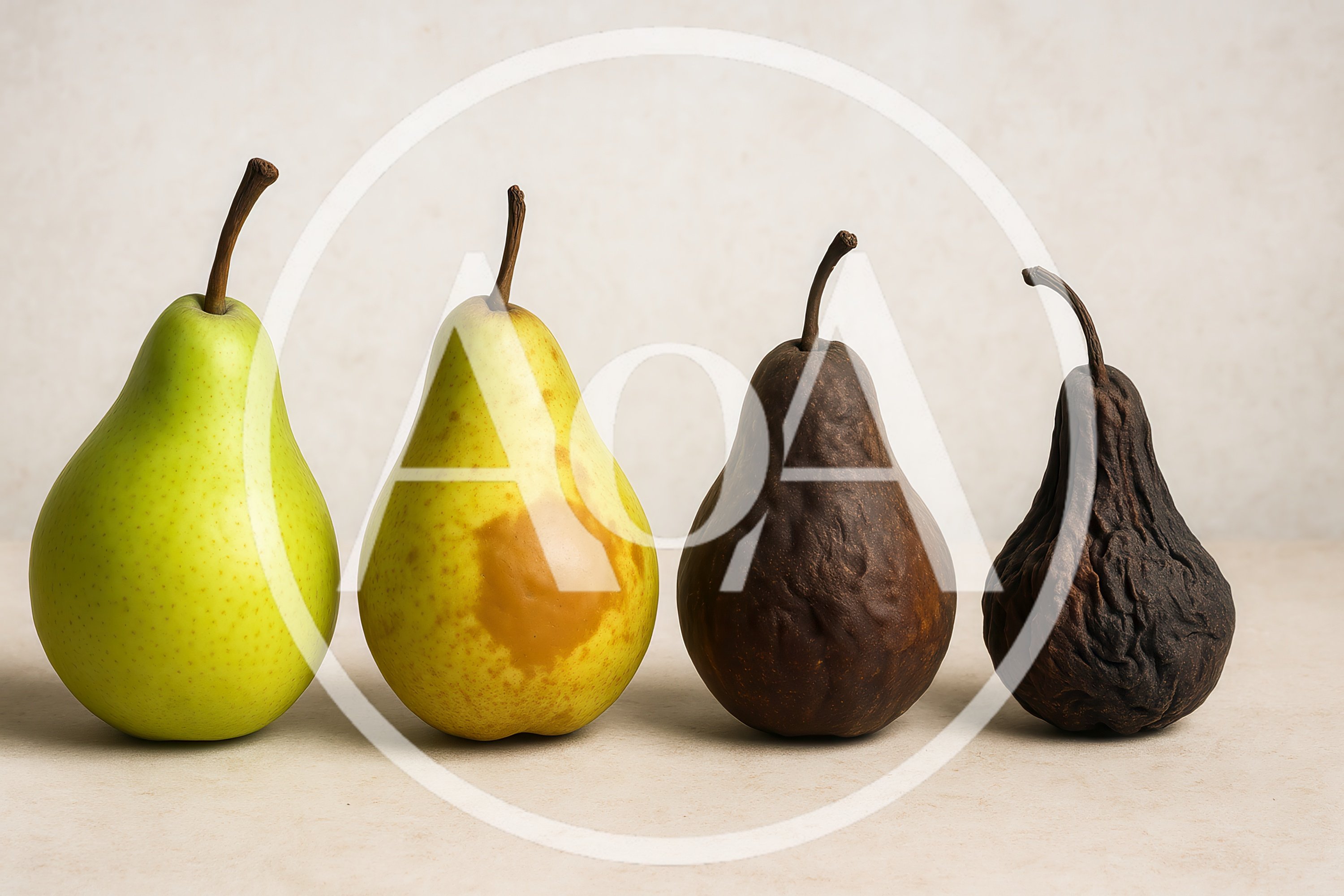 Four Pears Showing Stages Of Ripening And Decay