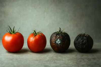 Four Tomatoes Showing Stages Of Decay