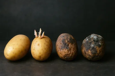Four Potatoes Showing Different Stages Of Decay And Growth