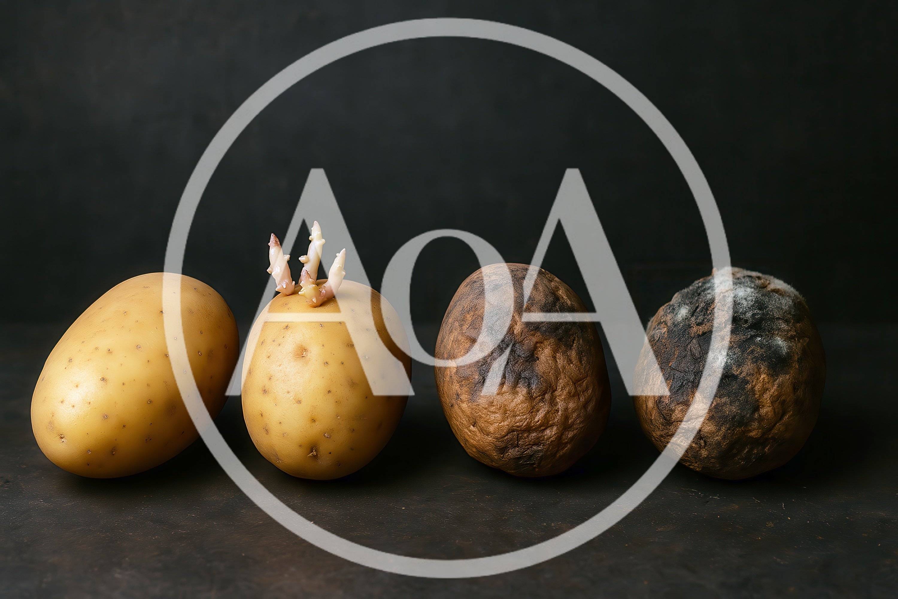 Four Potatoes Showing Different Stages Of Decay And Growth