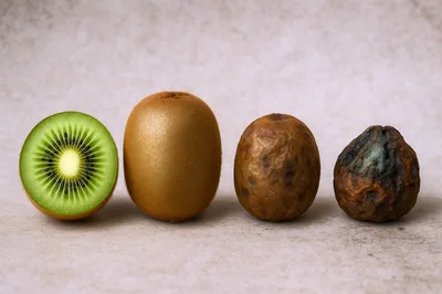 Four Kiwis Showing Stages Of Decay And Ripening