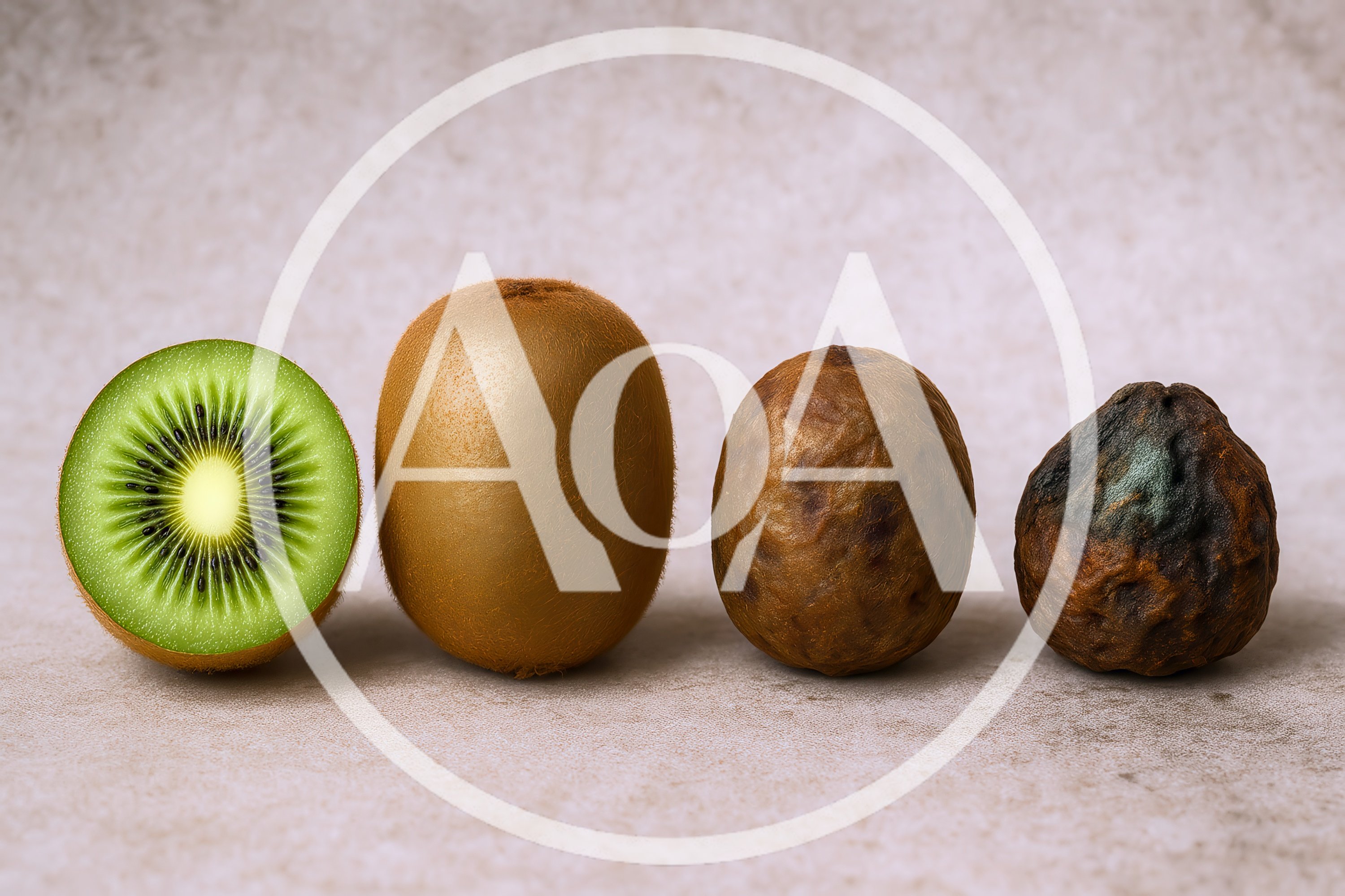 Four Kiwis Showing Stages Of Decay And Ripening
