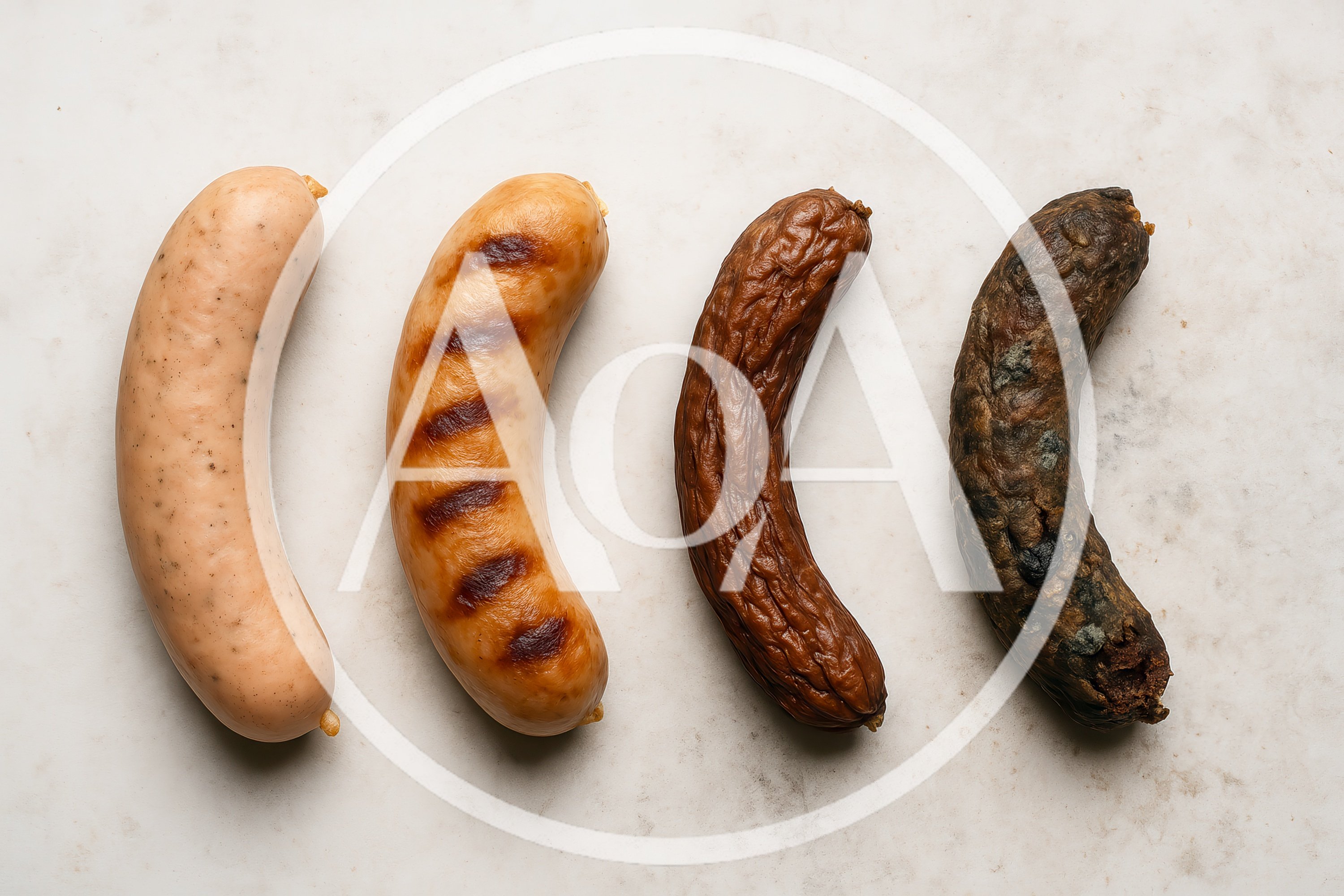 Four Sausages Showing Different Stages Of Decay