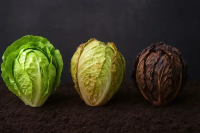 Three Stages Of Lettuce Decay On Dark Soil