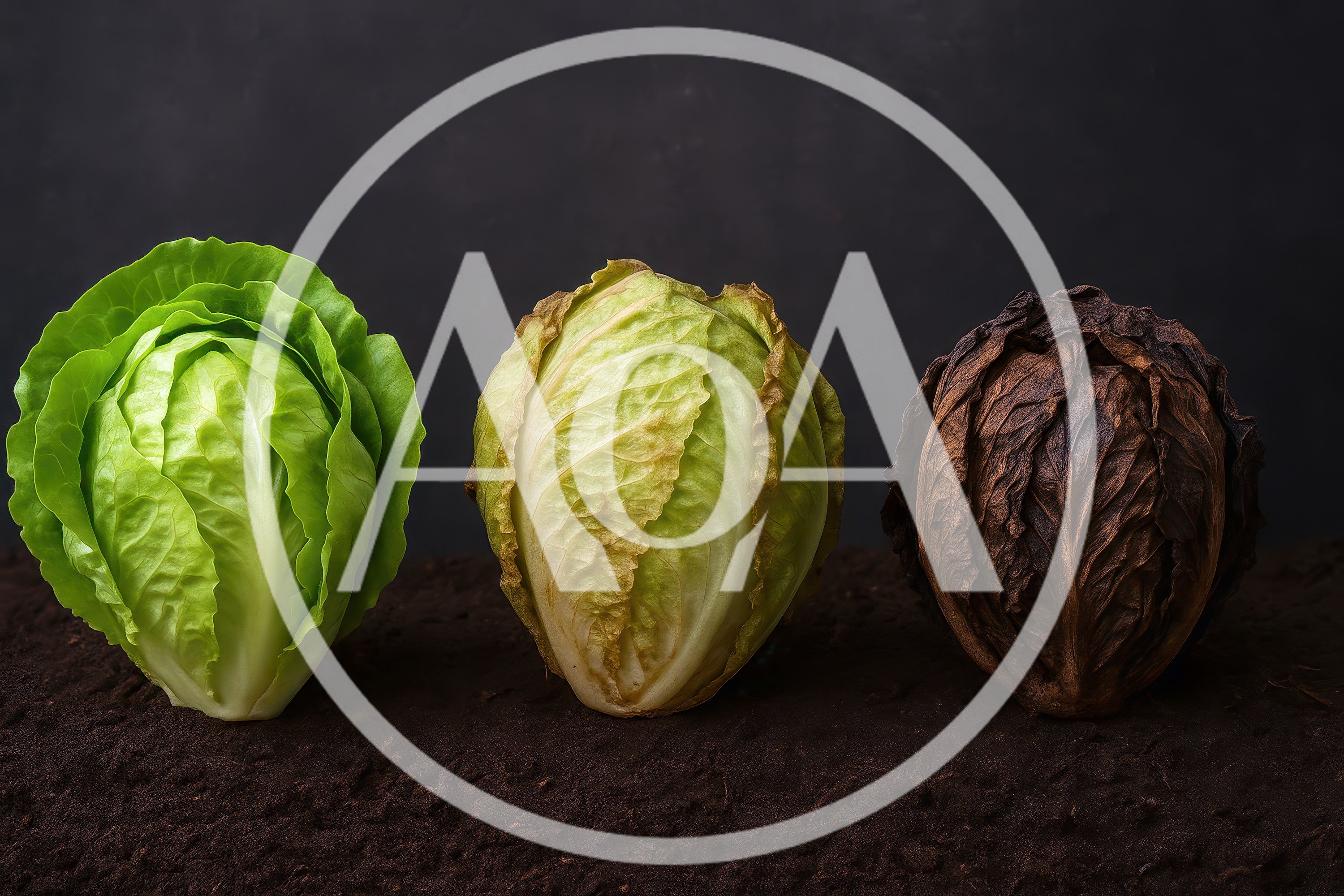 Three Stages Of Lettuce Decay On Dark Soil