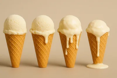 Four Vanilla Ice Cream Cones With Varying Melt Levels