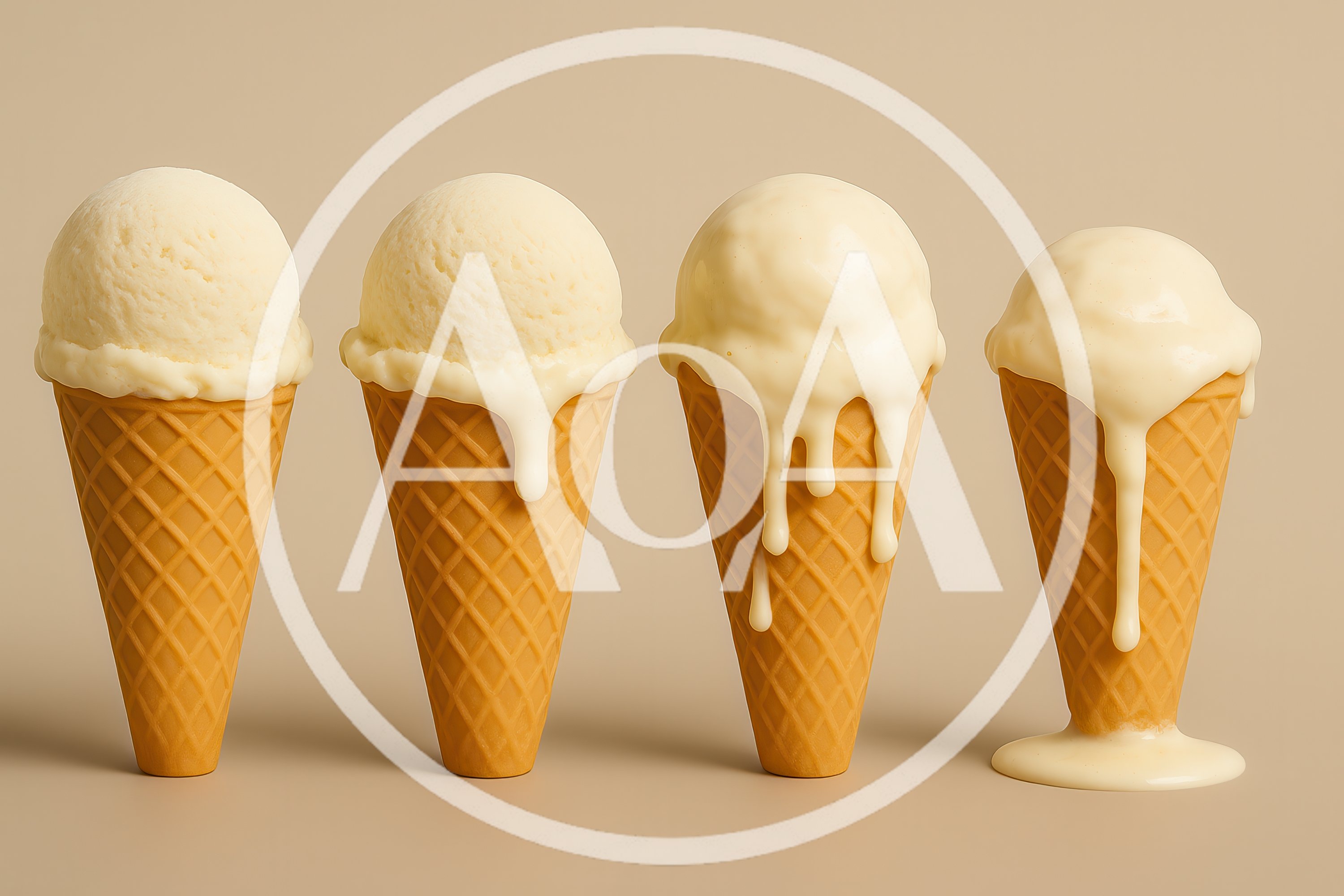 Four Vanilla Ice Cream Cones With Varying Melt Levels