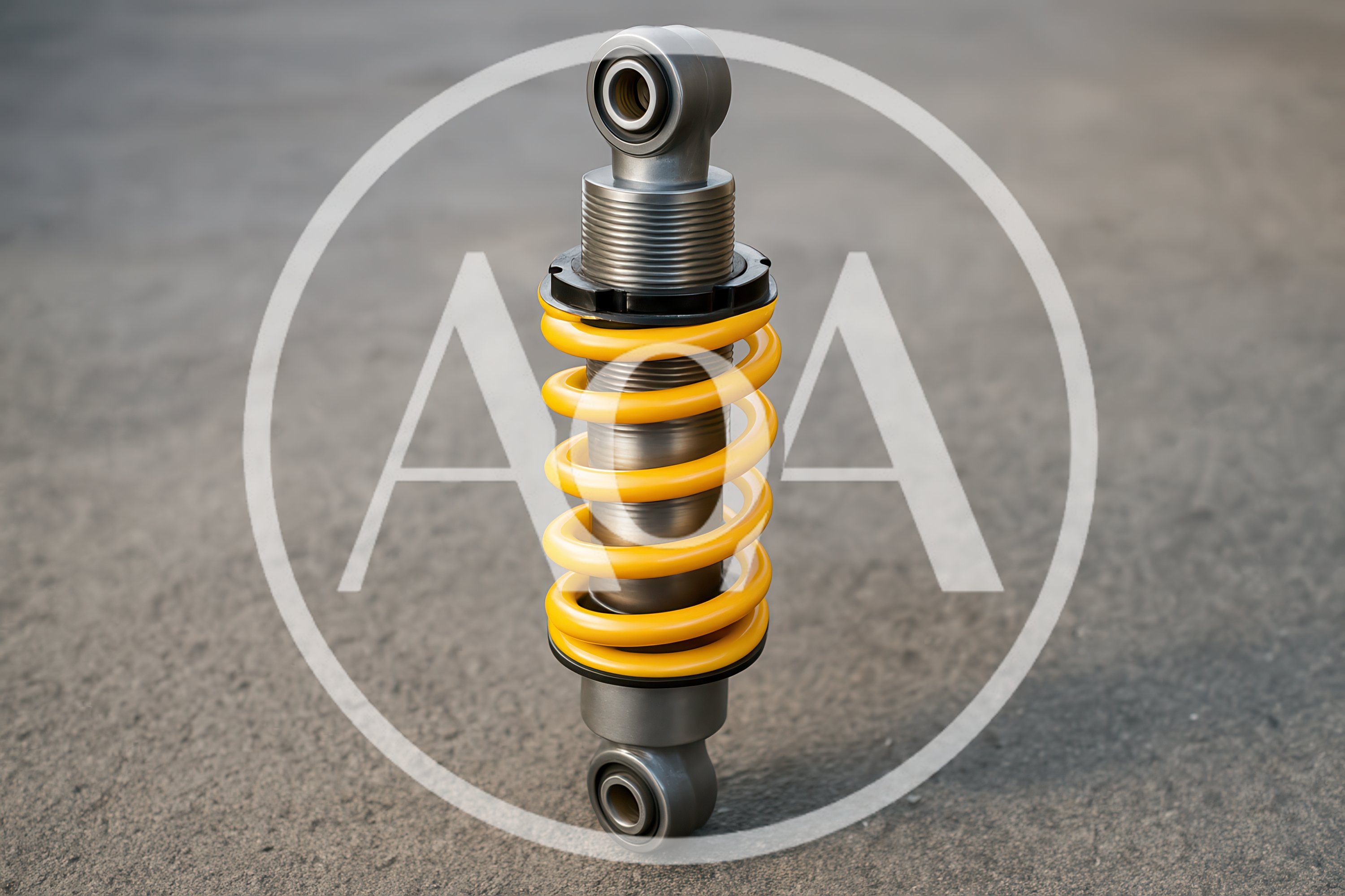 Yellow Coilover Shock Absorber Standing On Concrete