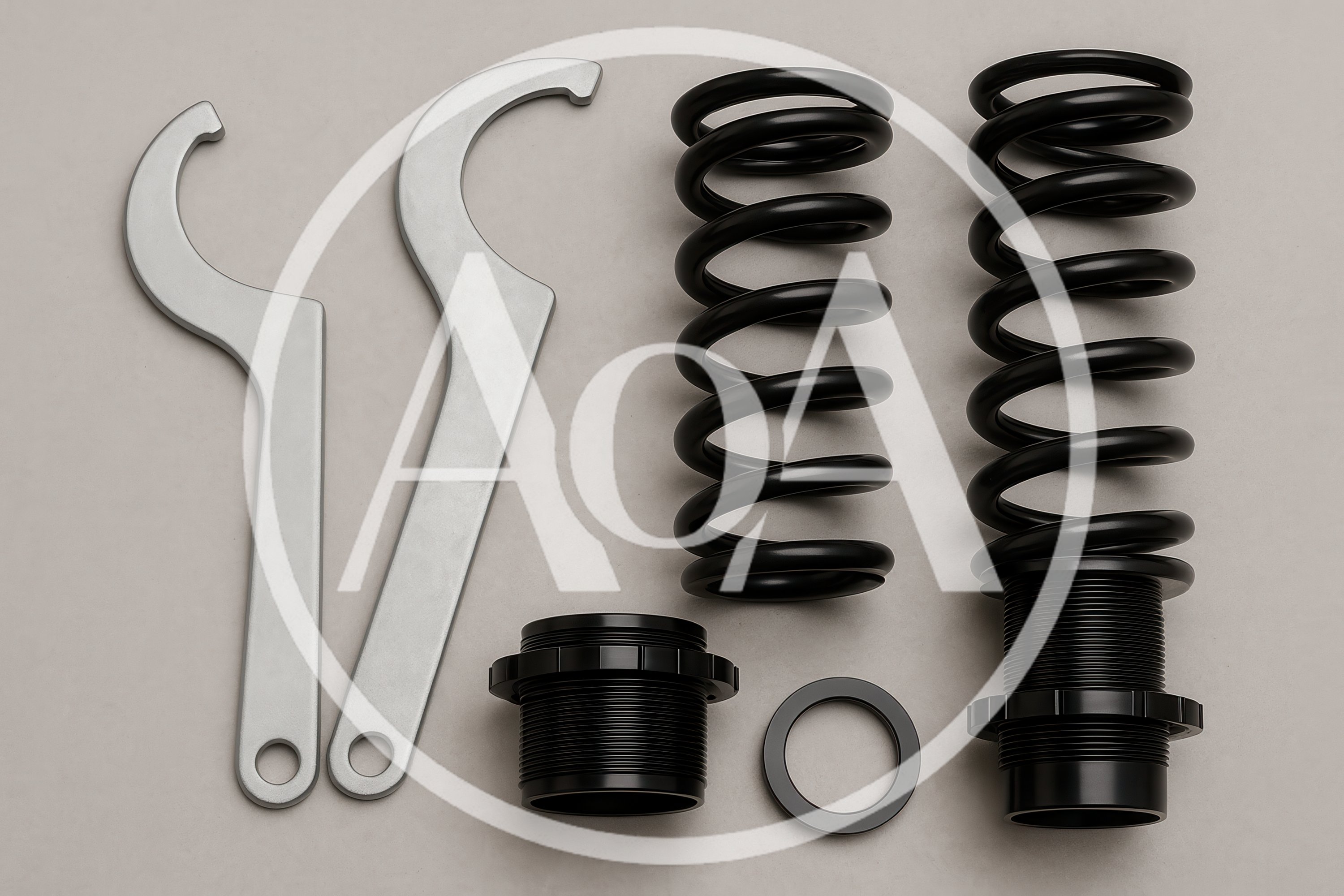 Coilover Suspension Kit Components On Grey Background