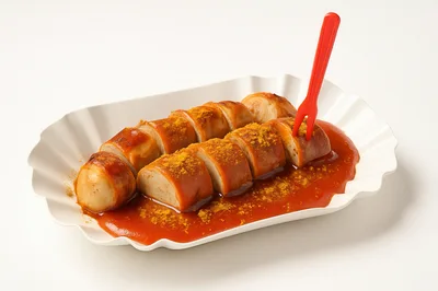 Currywurst Sausage Slices Served on a Paper Tray