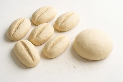 Raw Dough Balls And Shaped Bread Rolls On Flour