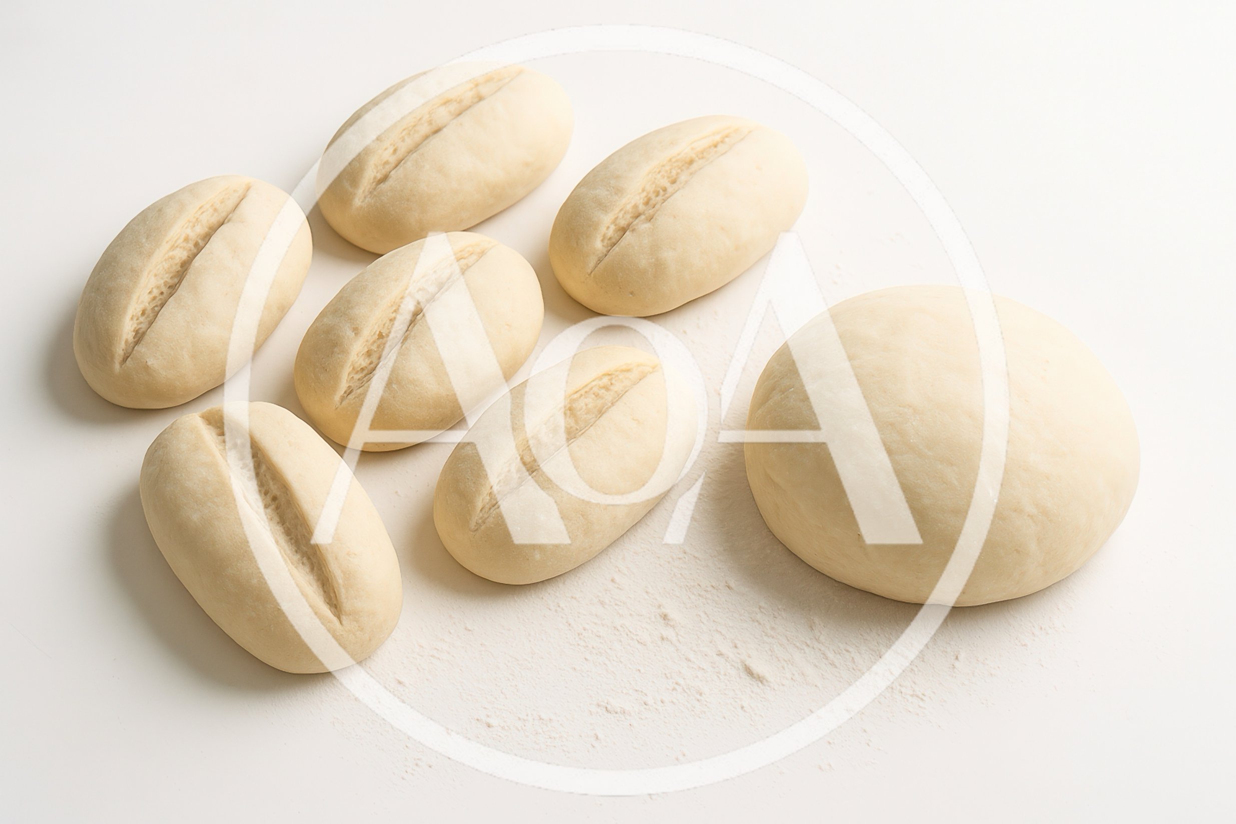 Raw Dough Balls And Shaped Bread Rolls On Flour