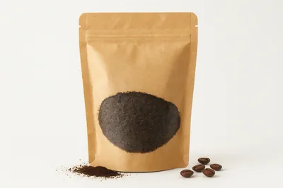 Kraft Paper Coffee Pouch With Ground Coffee And Beans