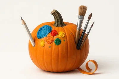 Pumpkin Decorated As An Artist Palette With Art Supplies