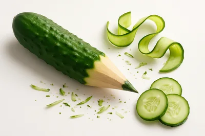 Cucumber Shaped Like A Pencil With Slices And Peel