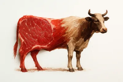 Surreal Cow Illustration With Raw Meat Texture