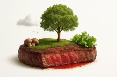 Surreal Steak Landscape With Tree And Vegetables