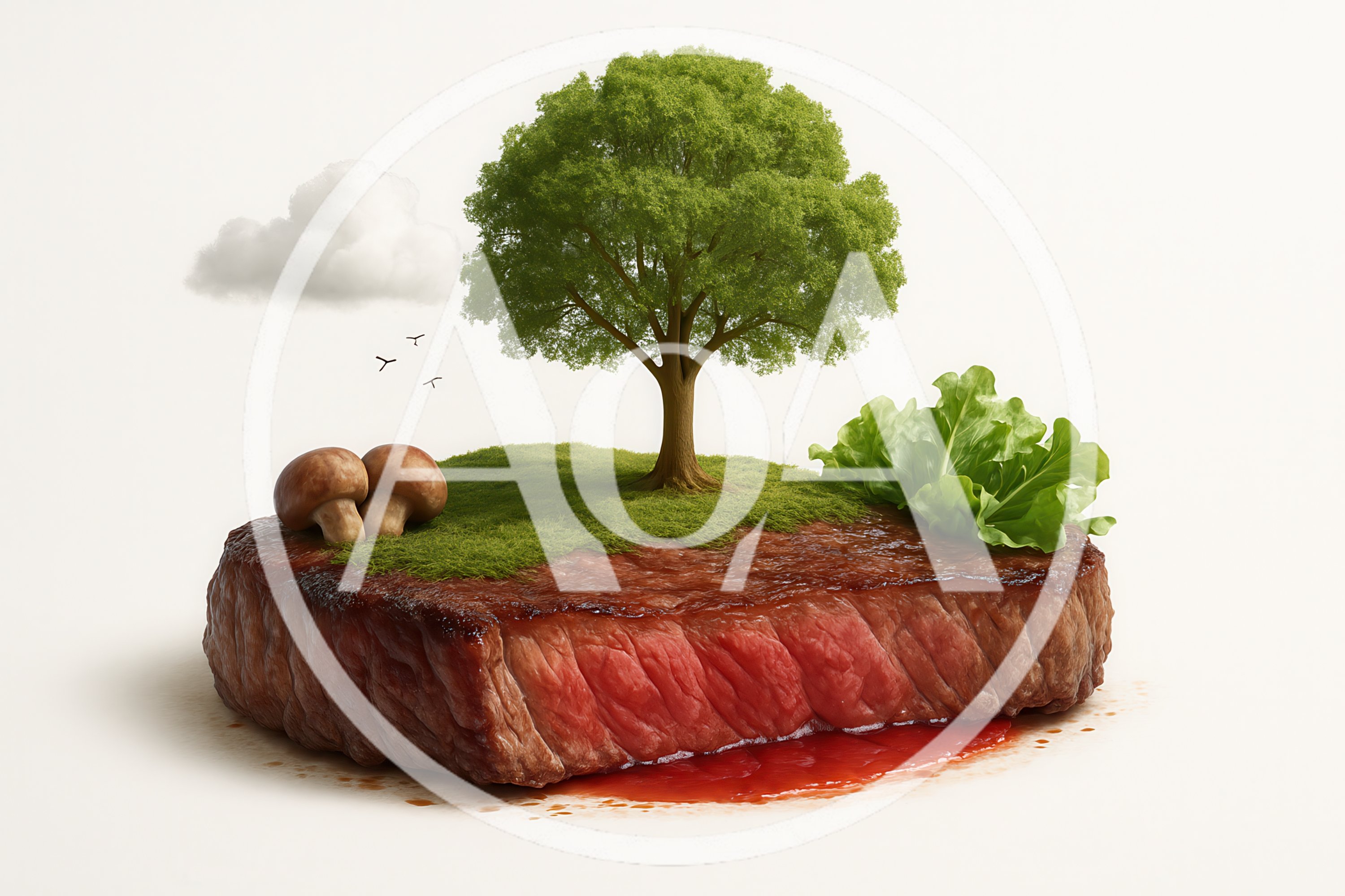 Surreal Steak Landscape With Tree And Vegetables
