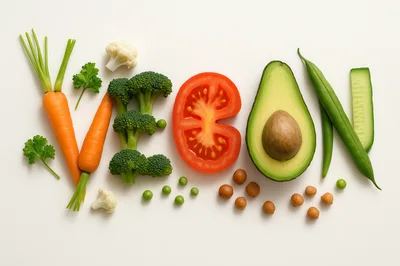 Fresh Vegetables Arranged To Spell The Word Vegan