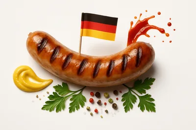 Grilled German Sausage With Mustard And Flag