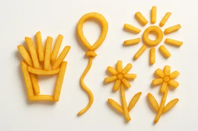 Creative French Fry Art Shapes On White Background
