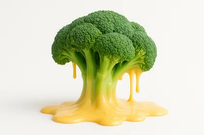 Broccoli Head Covered In Melting Yellow Cheese