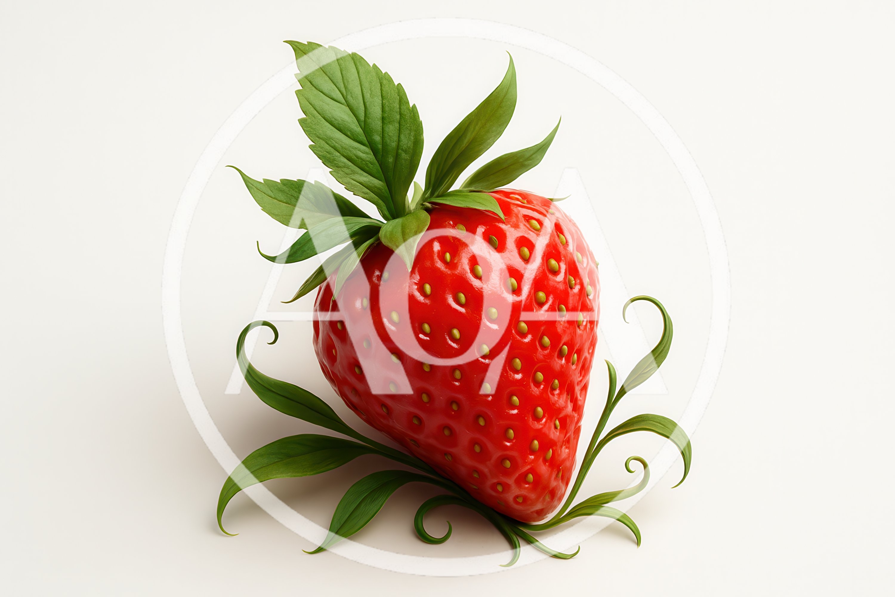 Single Fresh Strawberry With Decorative Green Leaves