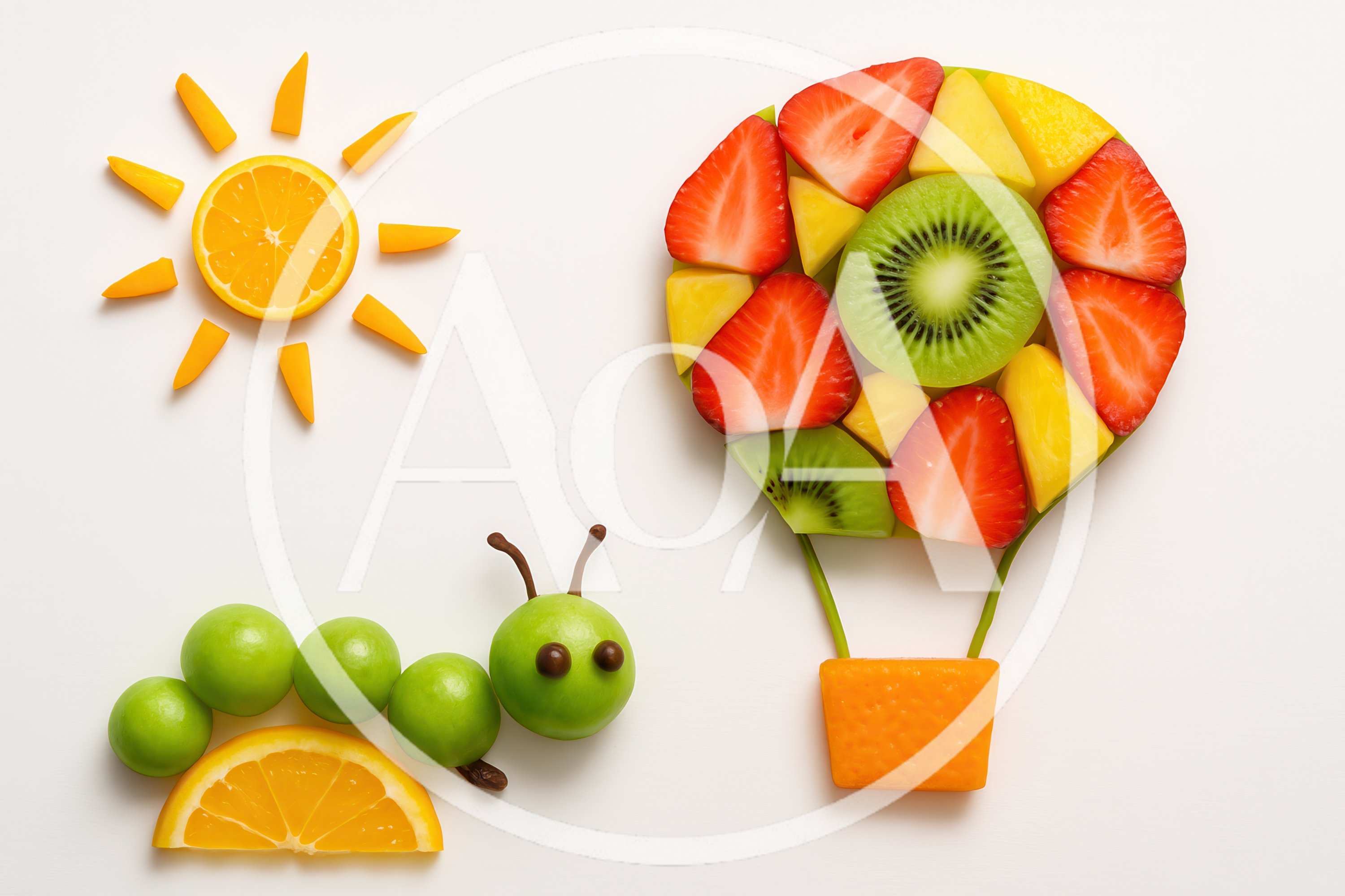 Creative Fruit Art Featuring A Caterpillar And Hot Air Balloon