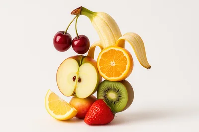 Assorted Fresh Fruits Stacked on White Background