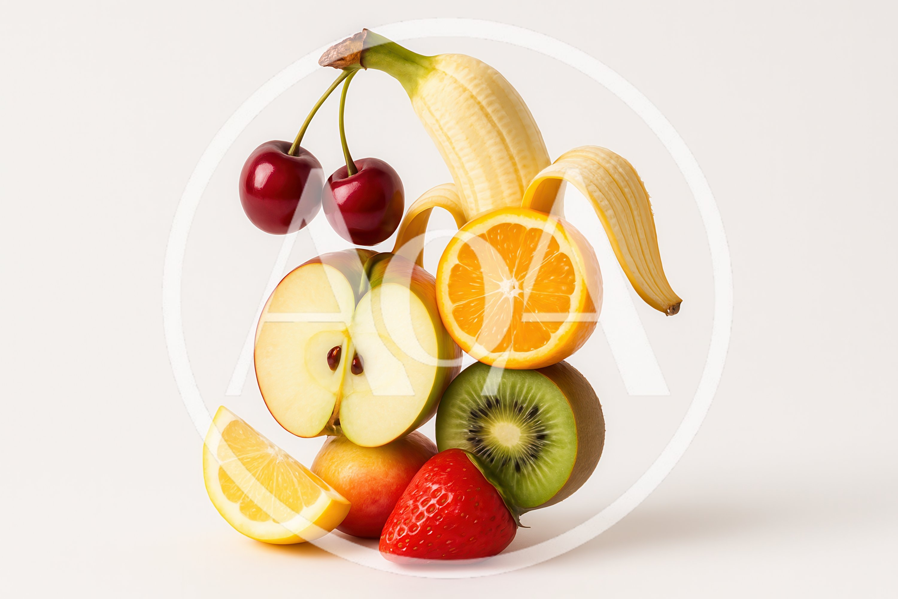 Assorted Fresh Fruits Stacked on White Background