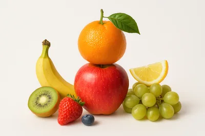 Assorted Fresh Fruits Arranged on White Background