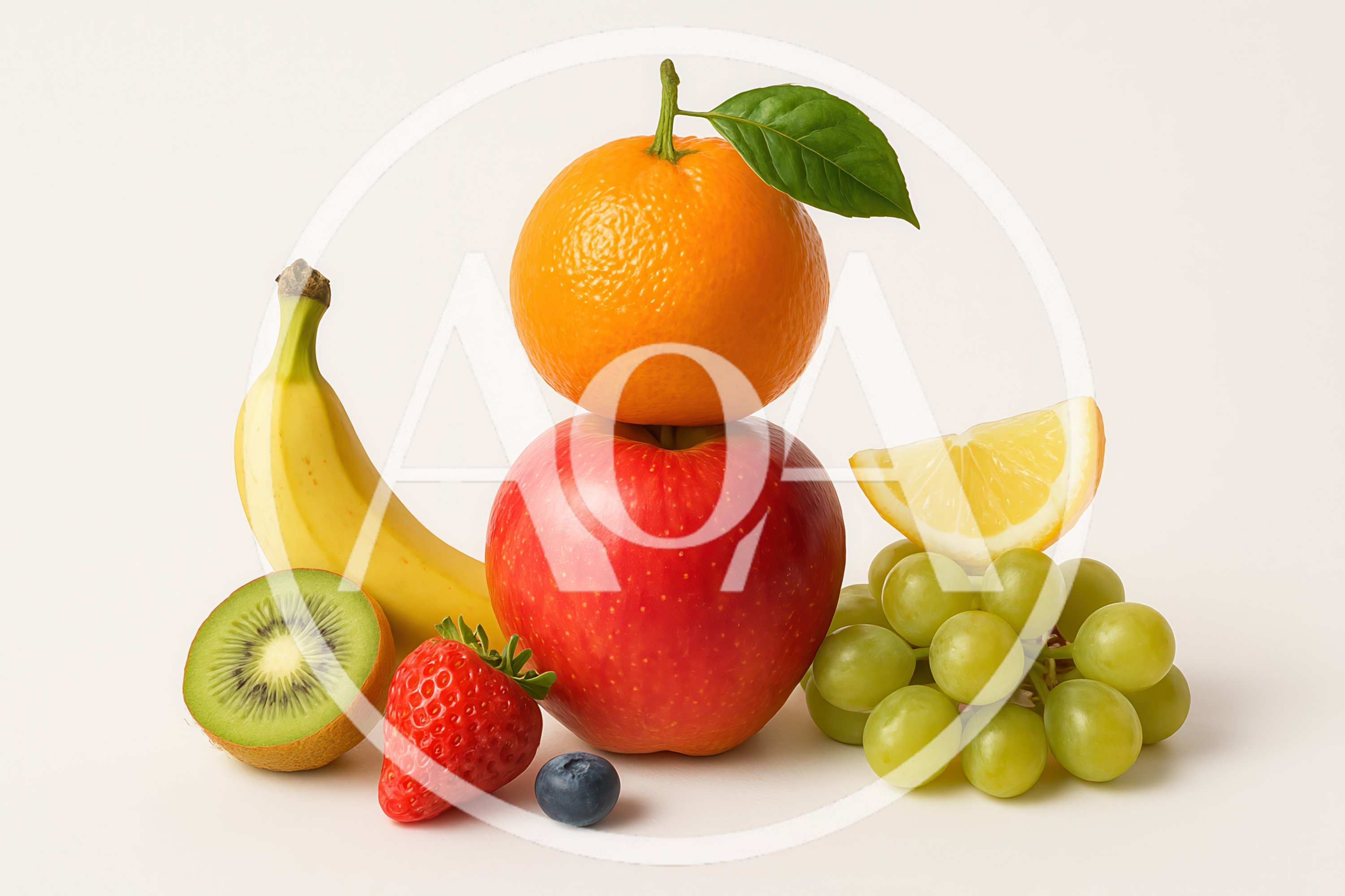 Assorted Fresh Fruits Arranged on White Background