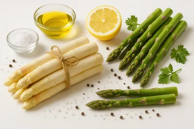 Fresh White And Green Asparagus With Ingredients