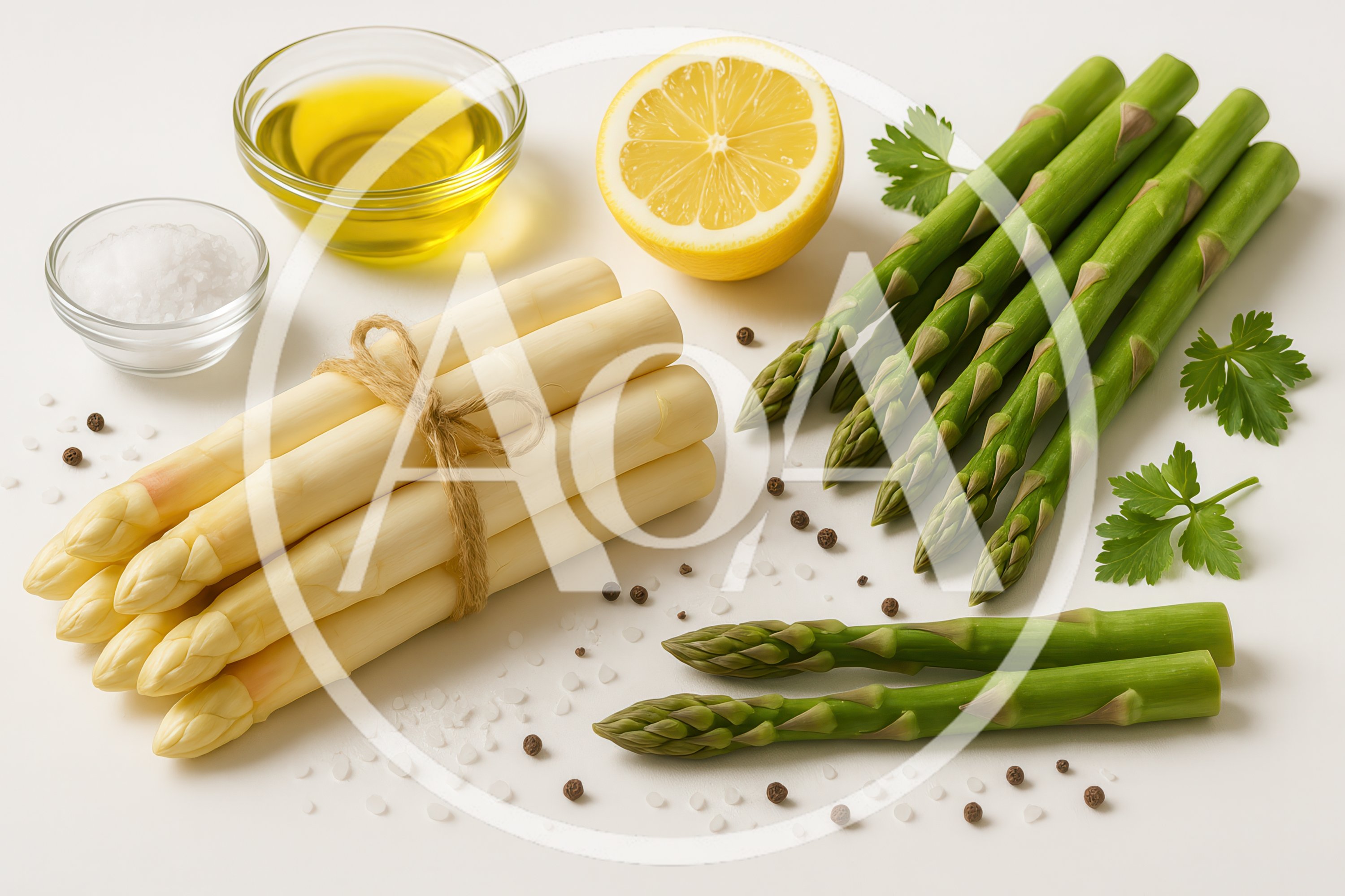 Fresh White And Green Asparagus With Ingredients