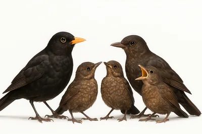 Family Of Common Blackbirds Standing Together