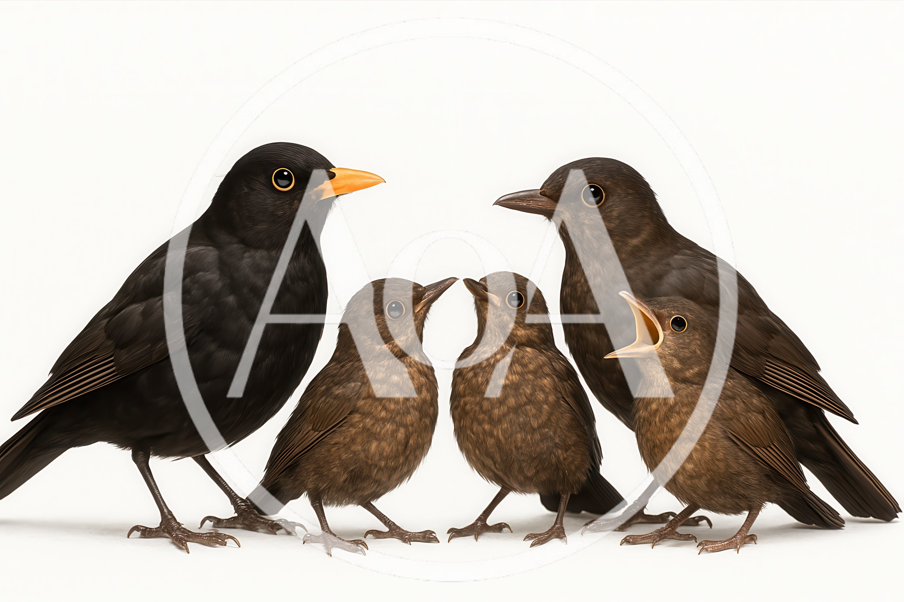 Family Of Common Blackbirds Standing Together