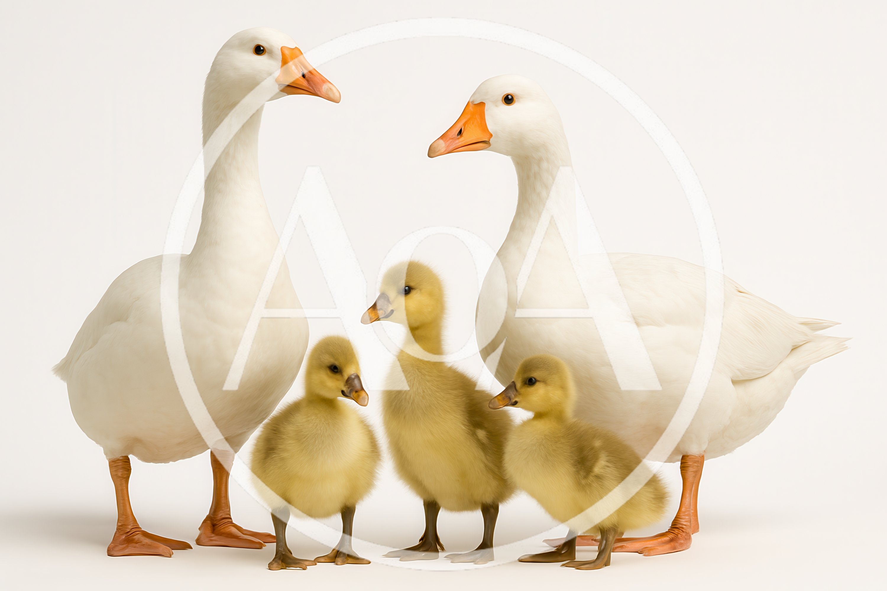 Family Of White Geese With Three Goslings