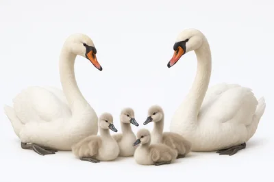 Family Of Mute Swans With Four Cygnets
