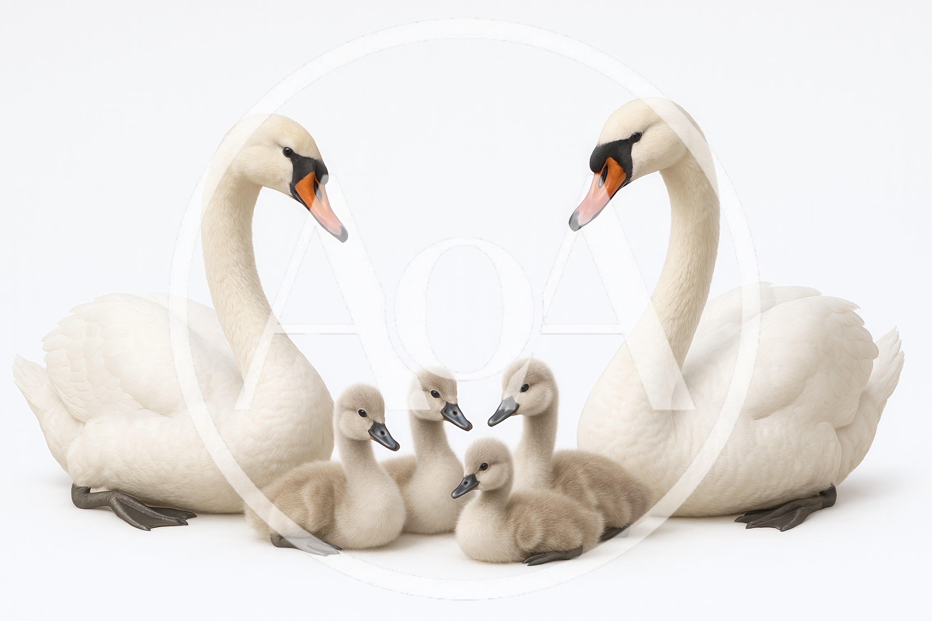Family Of Mute Swans With Four Cygnets