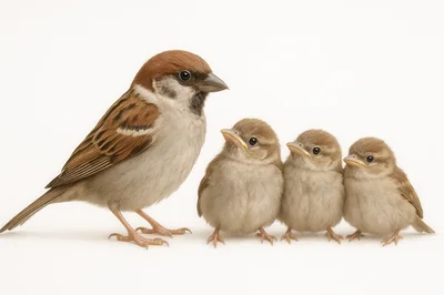 Adult Sparrow Standing With Three Baby Chicks