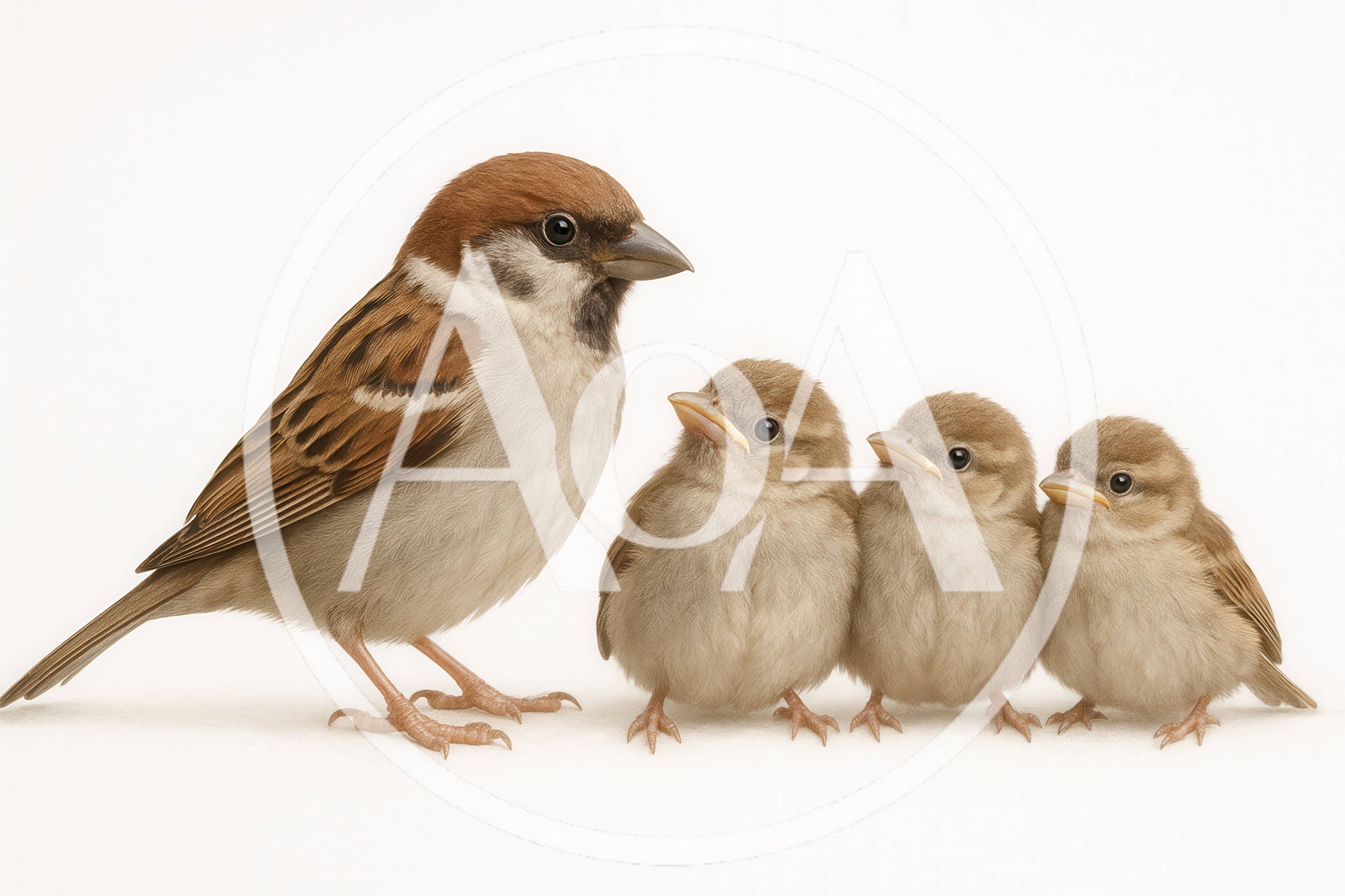 Adult Sparrow Standing With Three Baby Chicks