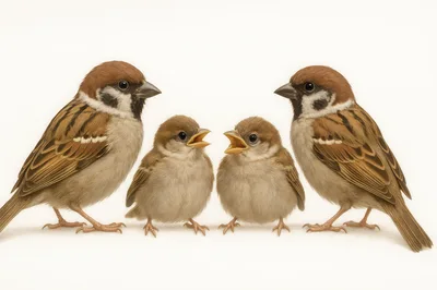 Two Adult Sparrows With Two Chirping Chicks