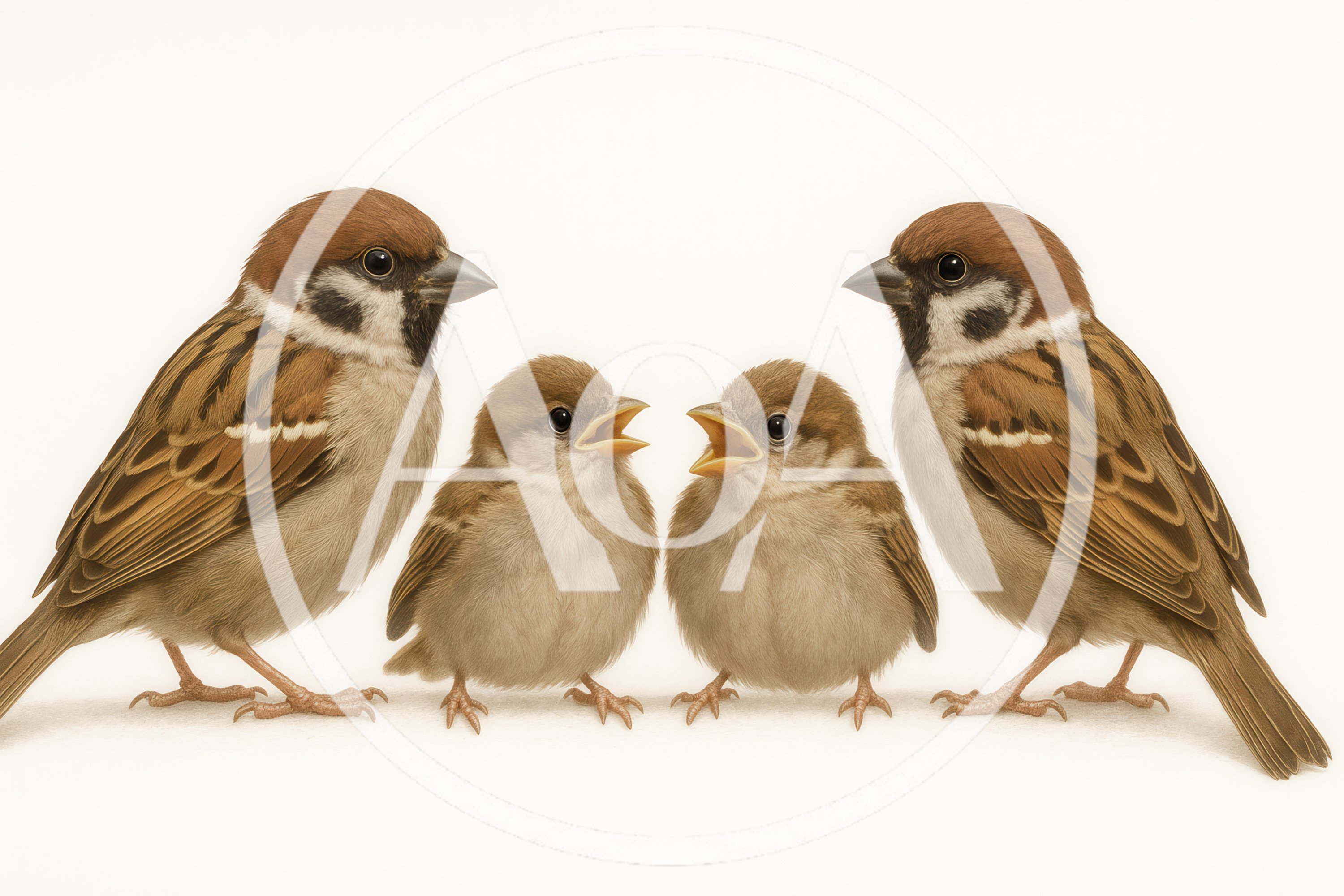 Two Adult Sparrows With Two Chirping Chicks